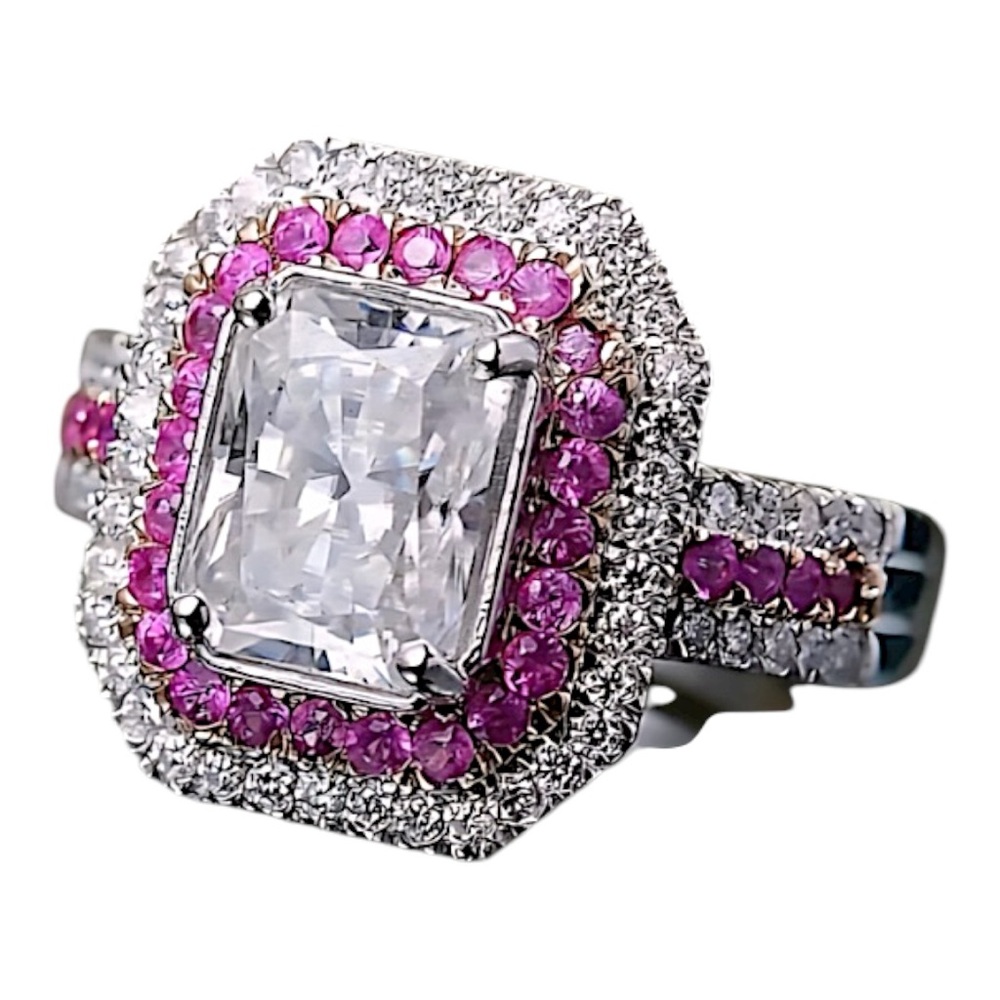 Moissanite Pink Sapphire Halo Ring 3.50ctw 18K Rose Gold over 925 Sterling - Picture 6 of 6